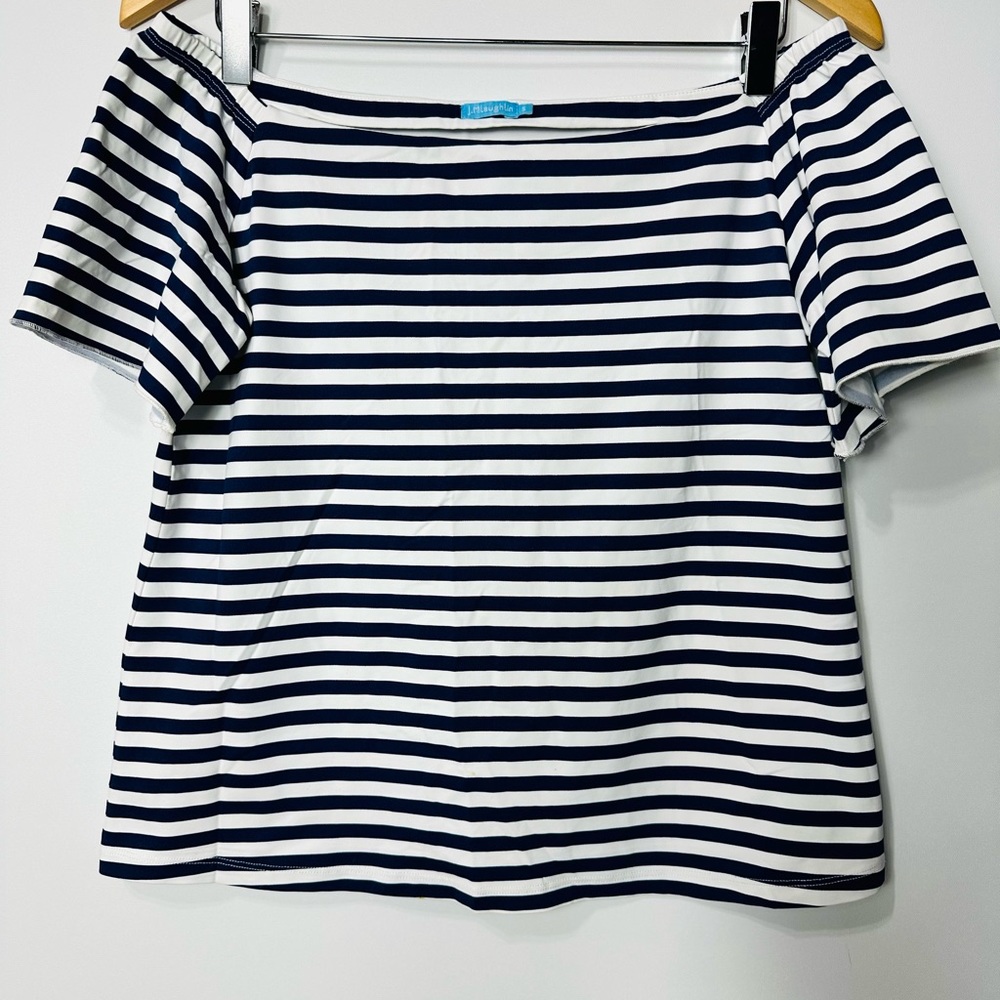 J.McLaughlin Blue Navy White Striped Scalloped Trim Square Neck size Small - Picture 8 of 13